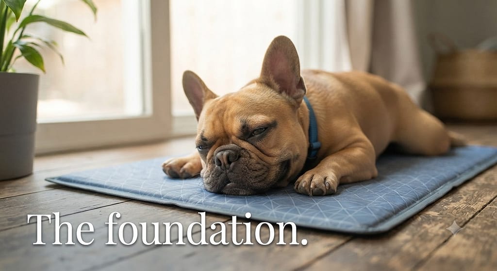 Gel mat action photo Frenchie lying on gel cooling mat, relaxed. Text: "The foundation."