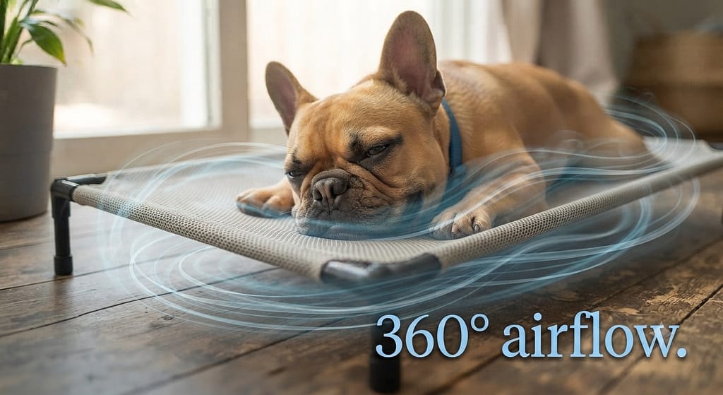 Elevated cot action photo Frenchie on elevated cot, air circulation visible. Text: "360° airflow."