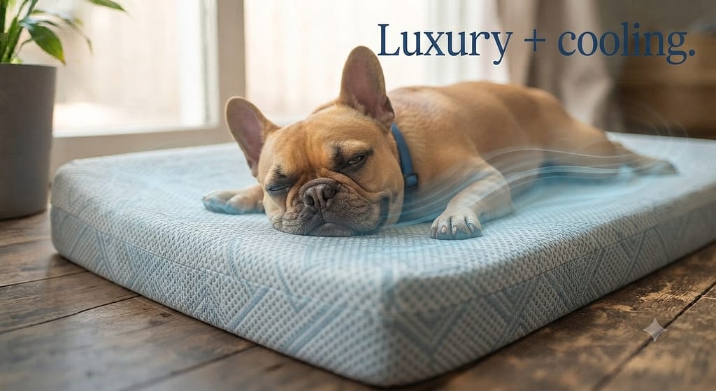 Memory foam bed photo Frenchie on orthopedic cooling bed. Text: "Luxury + cooling."