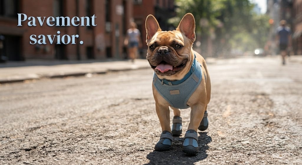 Booties action photo Frenchie wearing booties on pavement. Text: "Pavement savior."