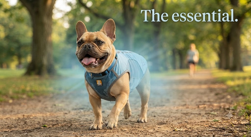 Ruffwear Swamp Cooler action photo Frenchie wearing cooling vest, happy on walk. Text: "The essential."
