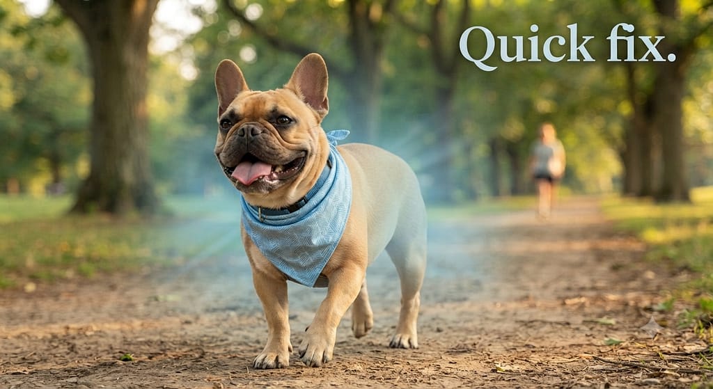 Bandana action photo Frenchie with cooling bandana. Text: "Quick fix."