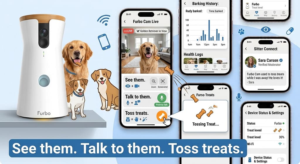 Product + app screenshot Furbo/Petcube camera + app view of dog. Text: "See them. Talk to them. Toss treats."