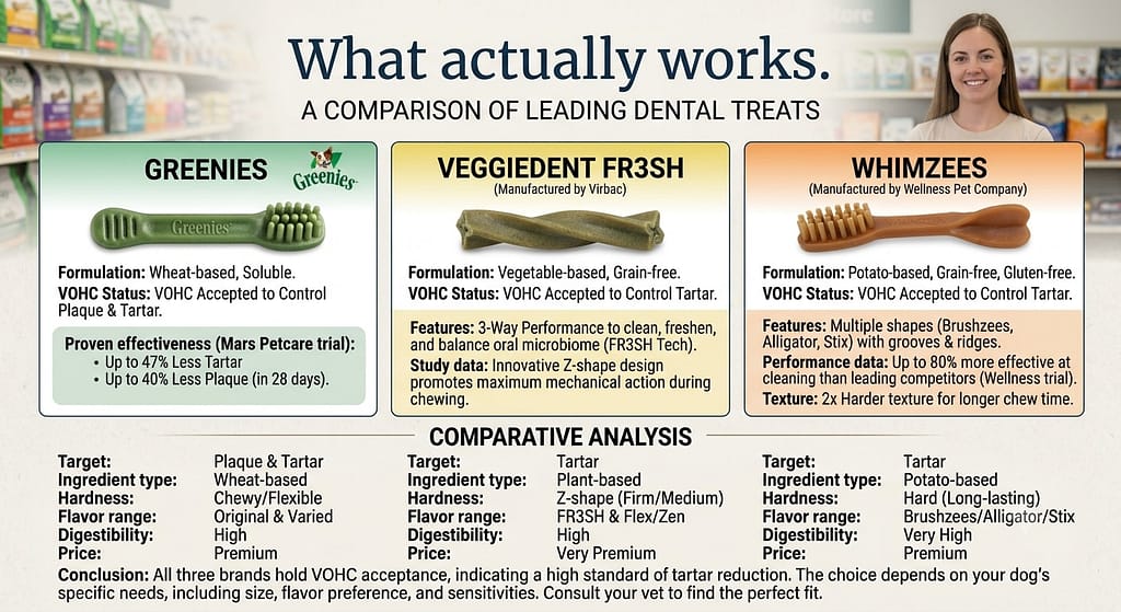 Dental treat comparison Greenies, VeggieDent, Whimzees with effectiveness ratings. Text: "What actually works."