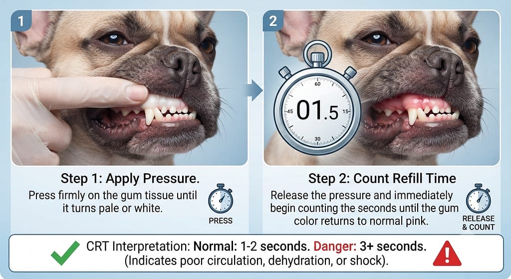 Gum check sequence (2 images) 1. Press on gums until white / 2. Release, count seconds. Text: "Normal: 1-2 seconds. Danger: 3+ seconds."