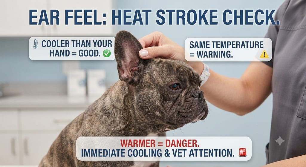 Ear feel photo Hand feeling Frenchie's ear base. Text: "Cooler than your hand = good. Same temperature = warning. Warmer = danger."
