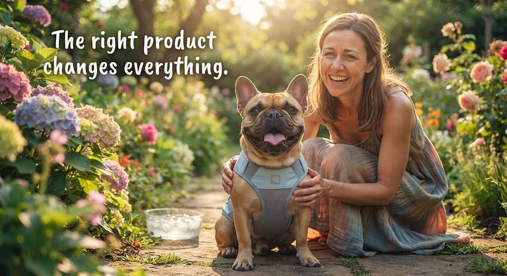 Aspirational hero photo Happy Frenchie with cooling vest, owner smiling, summer day. Text: "The right product changes everything."