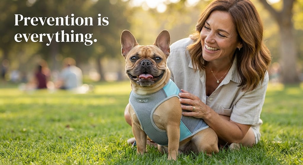 Aspirational hero photo Happy, healthy French Bulldog with cooling vest, owner smiling. Text: "Prevention is everything."