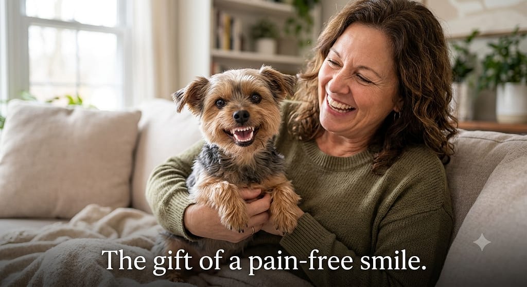 Happy small dog with clean white smile, owner smiling, both relaxed. Text: "The gift of a pain-free smile."