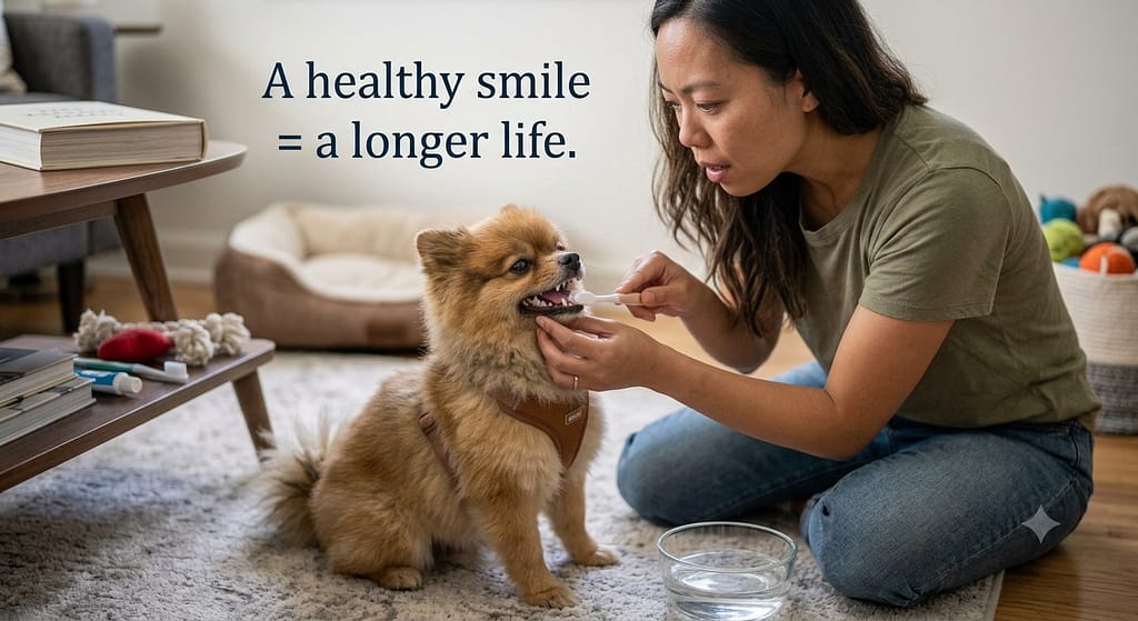 Aspirational/educational hero photo Healthy small dog with clean white smile, owner examining teeth gently. Text: "A healthy smile = a longer life."