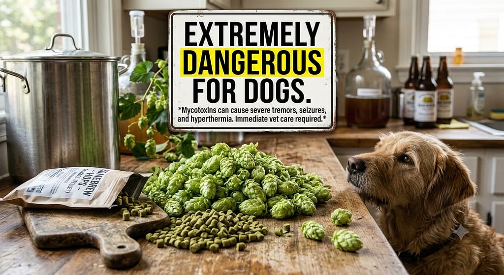 Homebrew hops photo Hops plant/pellets with warning. Text: "Extremely dangerous for dogs."