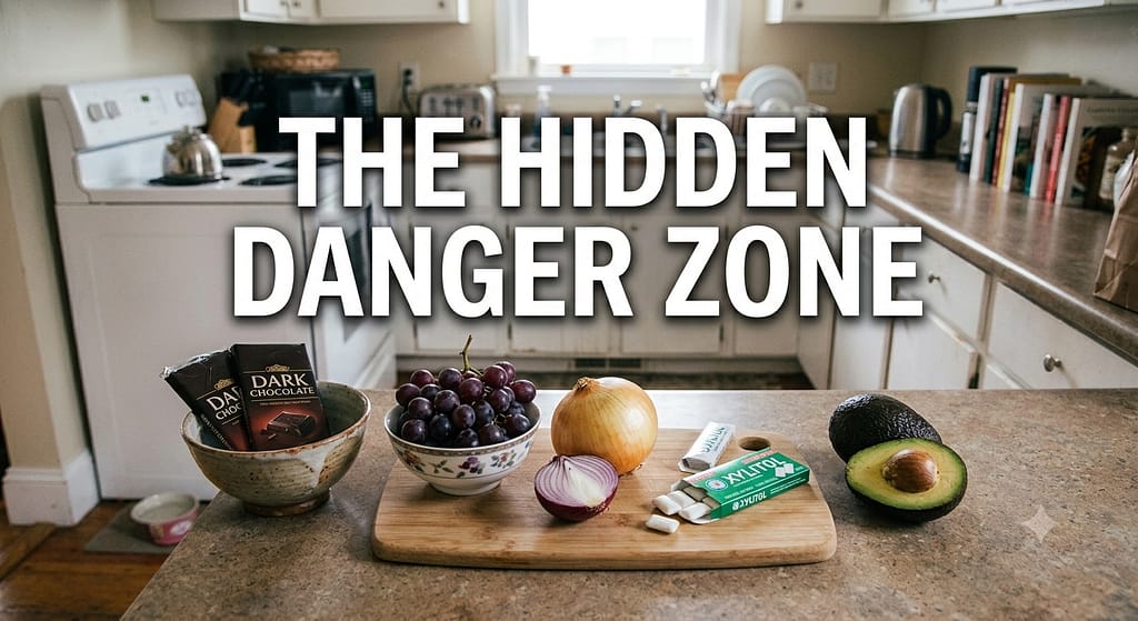 Kitchen danger zone photo Kitchen counter with common toxic foods: chocolate, grapes, onions, sugar-free gum, avocado. Text: "The hidden danger zone."