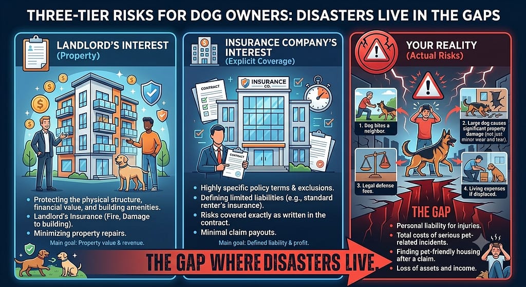 Three-tier comparison graphic 📋 Landlord's Interest (property) / 🏢 Insurance Company's Interest (explicit coverage) / 🔴 Your Reality (actual risks). Text: "The gap where disasters live."