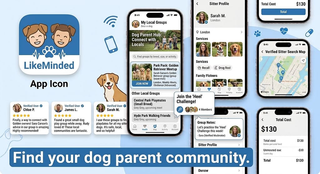 App icon + screenshot collage LikeMinded app icon + local group screen. Text: "Find your dog parent community."