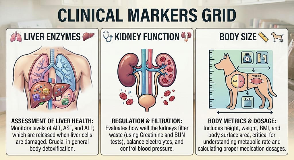 Icon grid 🫁 Liver enzymes / 🩺 Kidney function / 📏 Body size. Each with brief explanation
