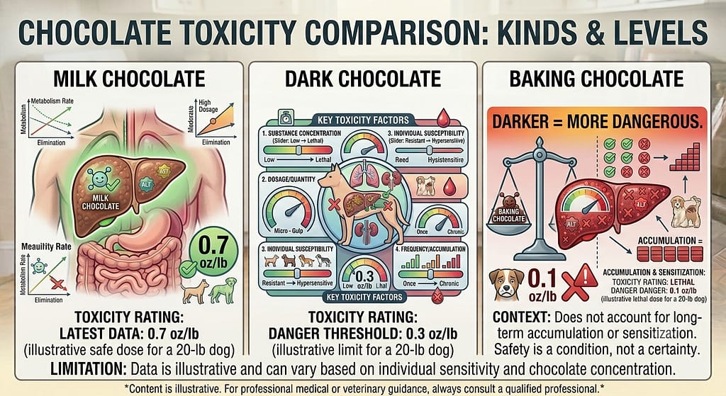 Chocolate types comparison Milk, dark, baking chocolate with toxicity levels (0.7, 0.3, 0.1 oz/lb). Text: "Darker = more dangerous."