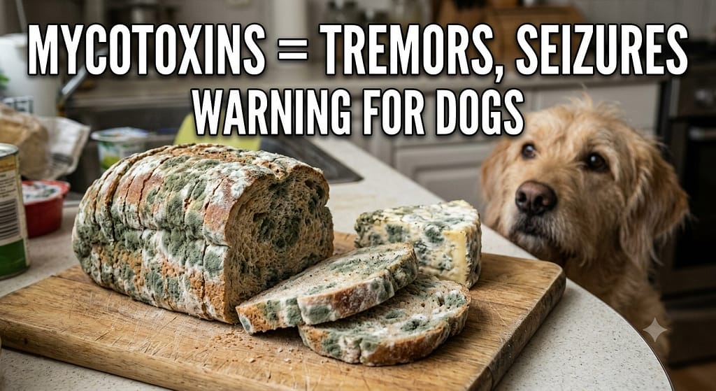 Moldy food warning photo Moldy bread/food with warning. Text: "Mycotoxins = tremors, seizures."
