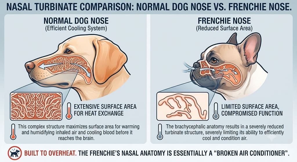 Nasal turbinate comparison Normal dog nose vs. Frenchie nose (reduced surface area). Text: "Broken air conditioner."