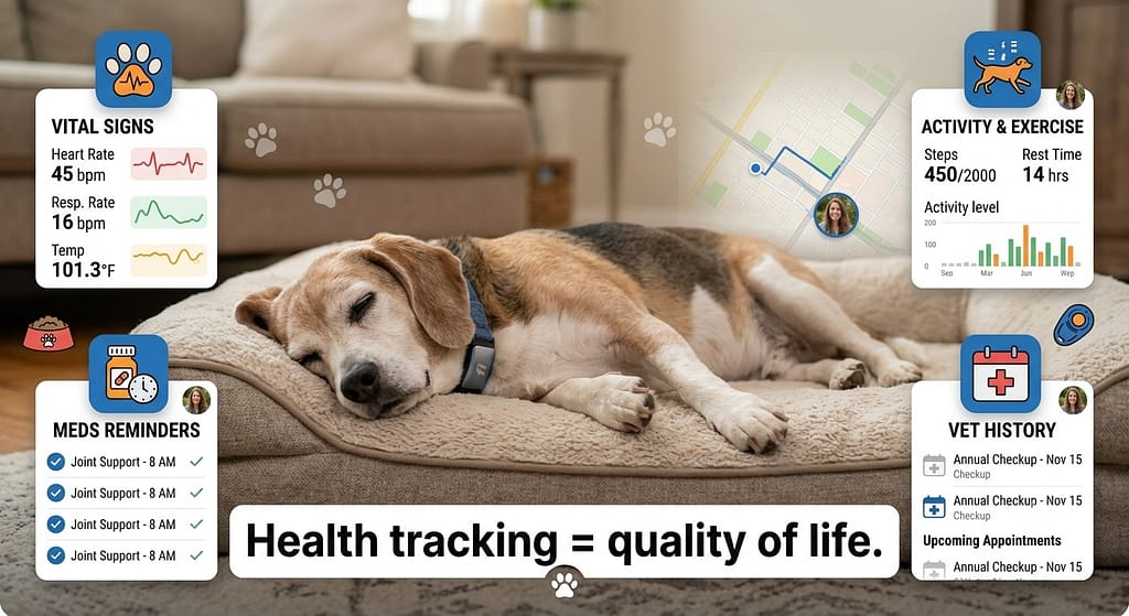 Senior dog relaxed photo Older dog, calm, app icons for health monitoring visible. Text: "Health tracking = quality of life."