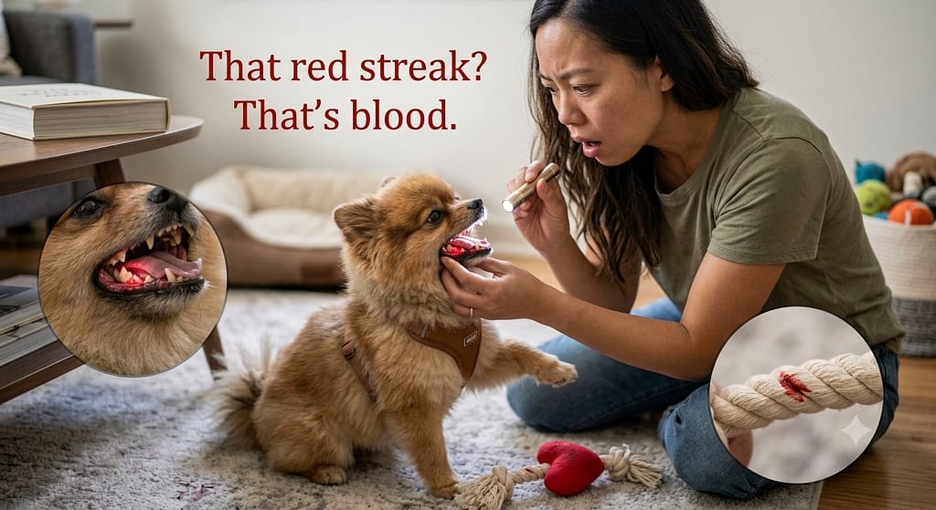 Relatable "dental shock" photo Owner examining small dog's teeth, concerned expression, toy with red mark nearby. Text: "That red streak? That's blood."
