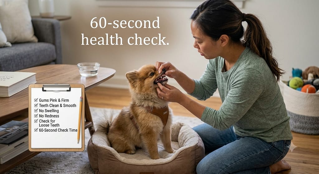 Dental assessment hero photo Owner gently examining dog's mouth, checklist visible. Text: "60-second health check."