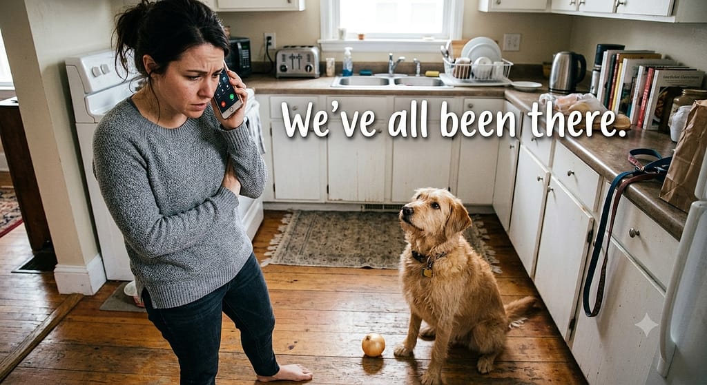Relatable "panic" photo Owner on phone looking worried, dog on floor looking up innocently, onion on floor nearby. Text: "We've all been there." E