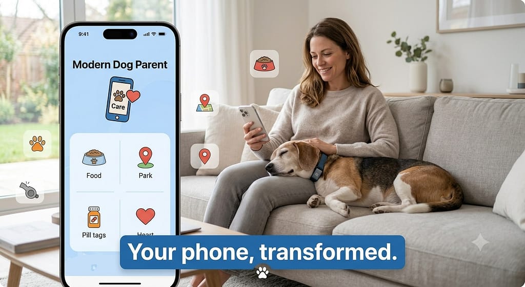 Owner relaxed, phone in hand showing app, dog calm and happy. Modern, peaceful dog parenting. Text: "Your phone, transformed."