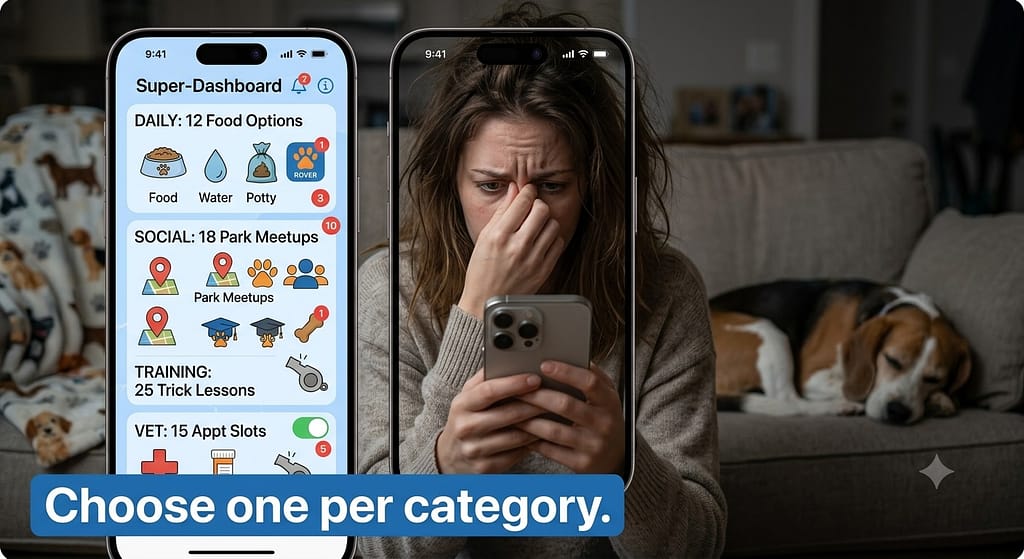 Overwhelmed owner with phone photo Owner staring at cluttered phone screen. Text: "Choose one per category."