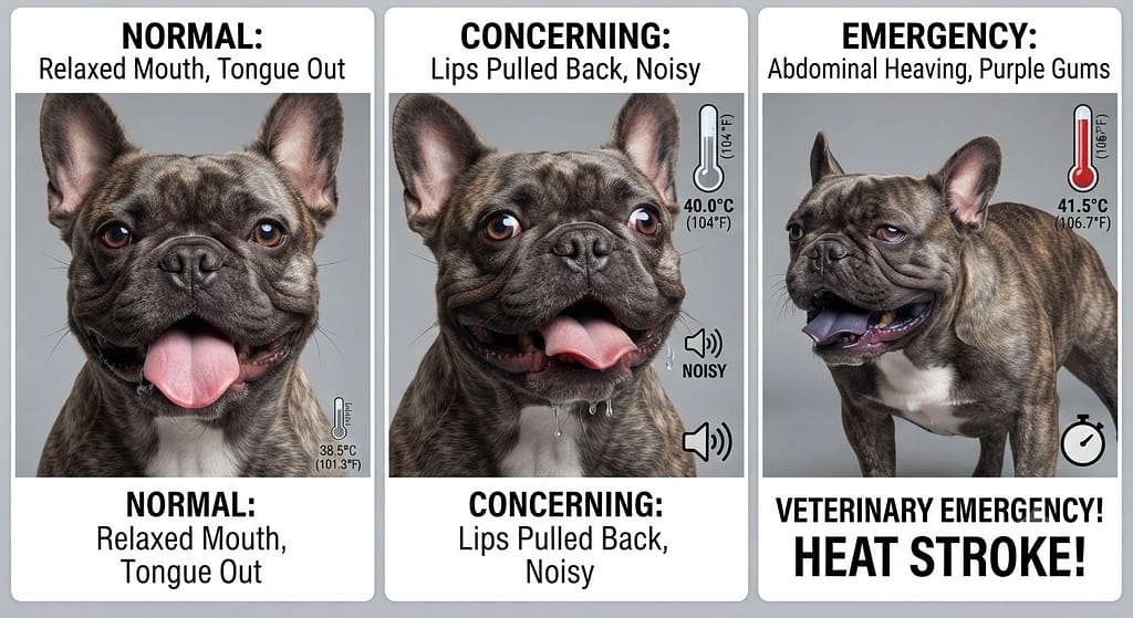 Pant comparison photos (3) Normal: relaxed mouth, tongue out / Concerning: lips pulled back, noisy / Emergency: abdominal heaving, purple gums.