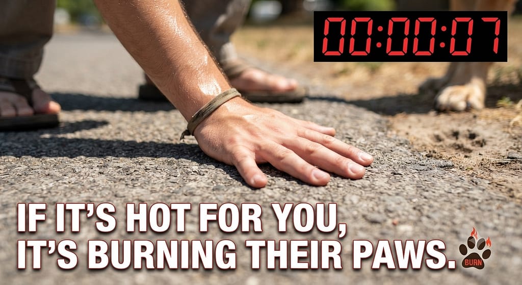 Pavement test action photo Back of hand on pavement, holding for 7 seconds. Text: "If it's hot for you, it's burning their paws."