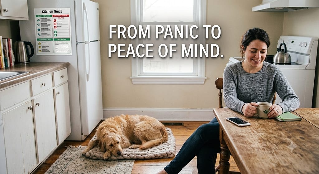 Peaceful kitchen, dog on mat, fridge guide visible, owner relaxed. Text: "From panic to peace of mind."