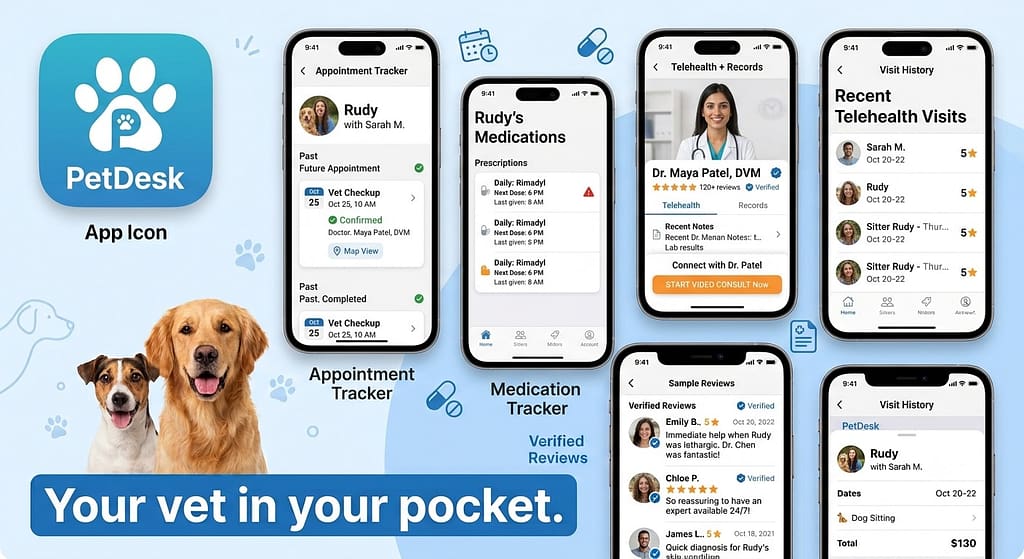 App icon + screenshot collage PetDesk app icon + appointment/medication tracking. Text: "Your vet in your pocket."