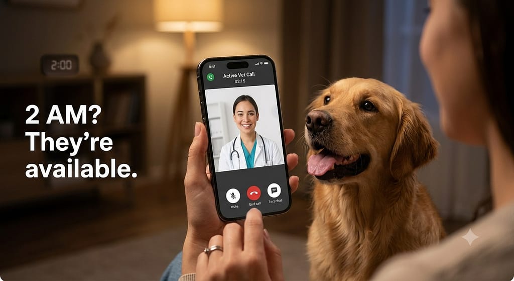Vet call screenshot Phone showing active video call with vet, dog nearby. Text: "2 AM? They're available."