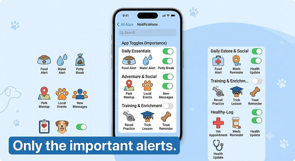 Notification settings screenshot Phone showing notification toggles for apps. Text: "Only the important alerts."