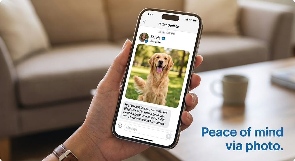 Sitter update photo Phone showing sitter photo update of happy dog. Text: "Peace of mind via photo."