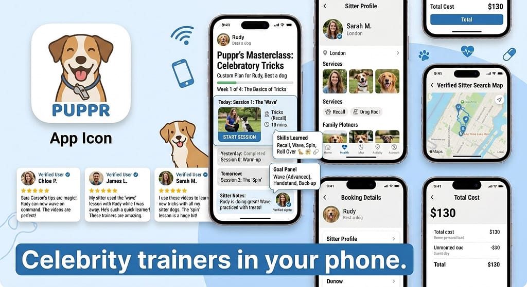 App icon + screenshot collage Puppr app icon + trick training videos. Text: "Celebrity trainers in your phone."