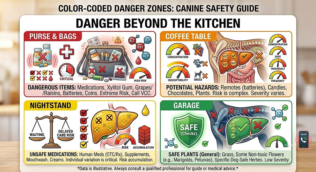 Home danger zone icons 👜 Purses, ☕ Coffee tables, 🛏️ Nightstands, 🚗 Garages, 🌱 Gardens. Text: "Danger beyond the kitchen."