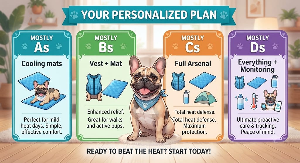 Quiz results graphic Mostly As → Cooling mats / Mostly Bs → Vest + mat / Mostly Cs → Full arsenal / Mostly Ds → Everything + monitoring. Text: "Your personalized plan."