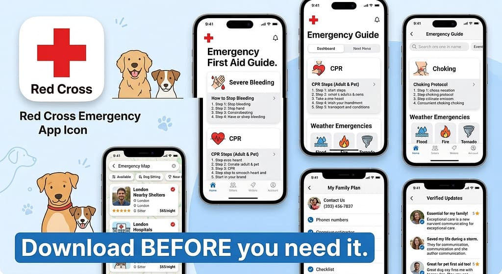 App icon + screenshot collage Red Cross app icon + emergency guide screen. Text: "Download BEFORE you need it."