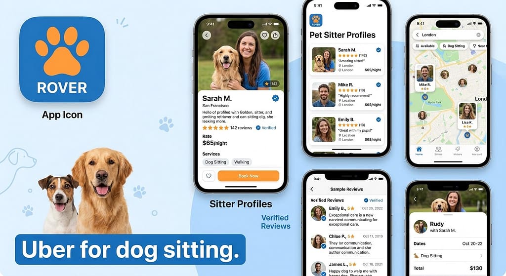 App icon + screenshot collage Rover app icon + sitter profiles, reviews. Text: "Uber for dog sitting."
