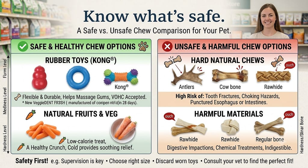 Safe vs. unsafe chew comparison ✅ Rubber toys, frozen carrots / ❌ Antlers, rawhide, bones. Text: "Know what's safe."