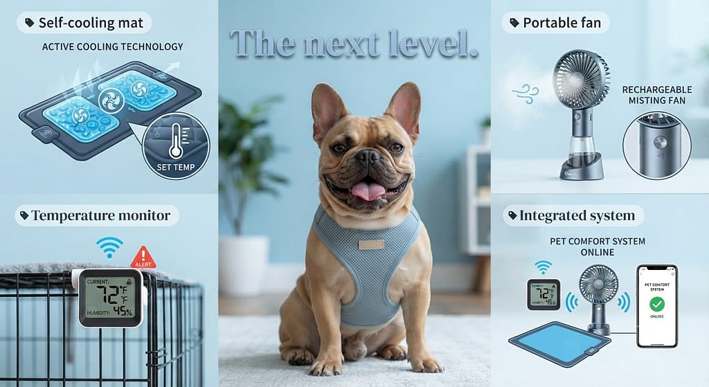 Tech collage Self-cooling mat, portable fan, temperature monitor. Text: "The next level."