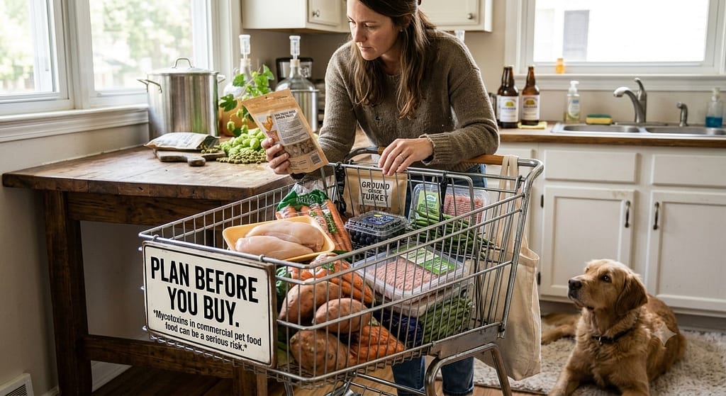 Grocery cart photo Shopping cart with dog-safe choices, checking labels. Text: "Plan before you buy."