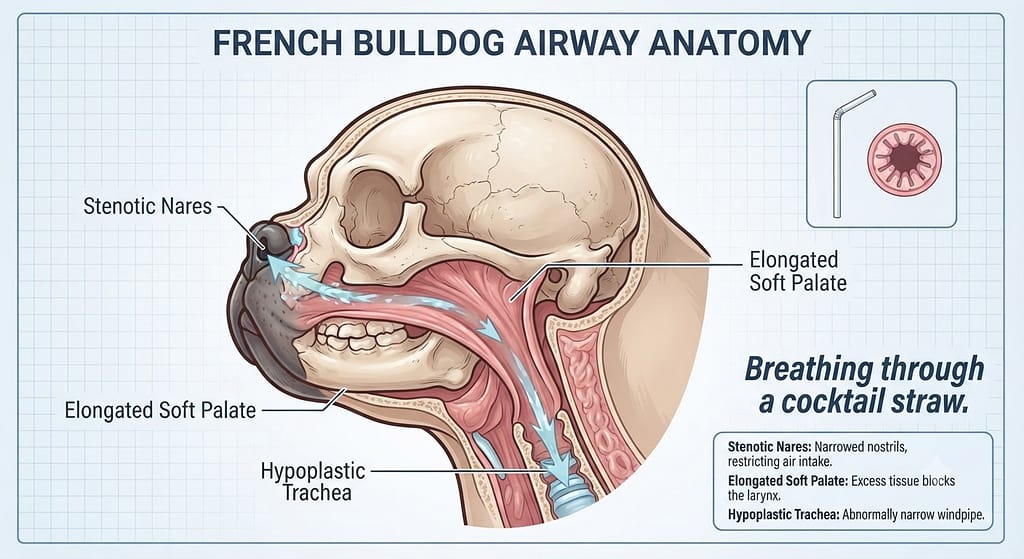 Frenchie skull anatomy diagram Side view of Frenchie head with labeled: stenotic nares, elongated soft palate, hypoplastic trachea. Text: "Breathing through a cocktail straw."