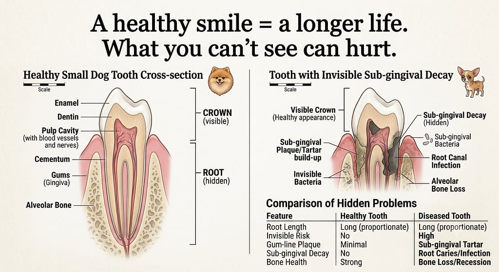 Tooth cross-section diagram Small dog tooth showing long root vs. crown, decay below gumline. Text: "What you can't see can hurt."