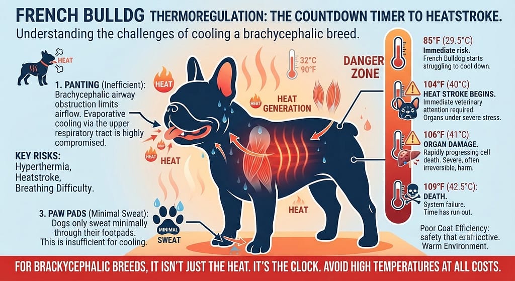 Temperature danger graphic 85°F = Danger Zone / 104°F = Heat stroke begins / 106°F = Organ damage / 109°F = Death. Text: "The countdown timer."