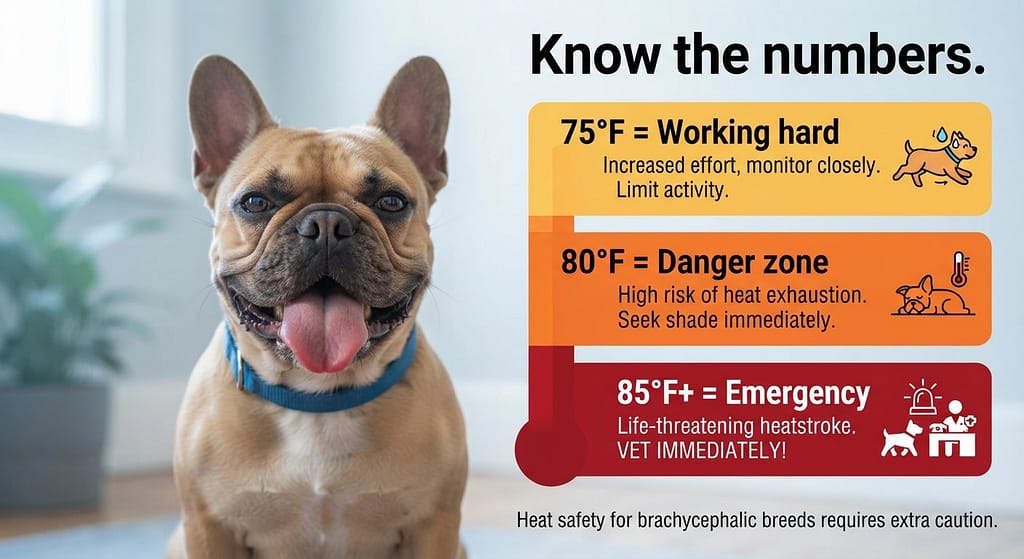 Temperature danger graphic 75°F = Working hard / 80°F = Danger zone / 85°F+ = Emergency. Color-coded. Text: "Know the numbers."
