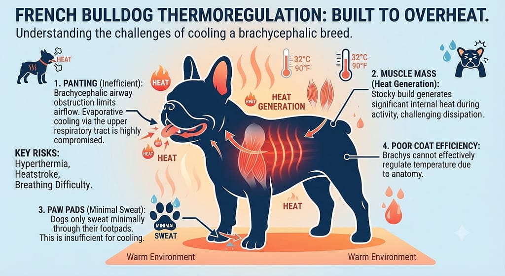Thermoregulation infographic Frenchie silhouette with cooling mechanisms: paw pads (minimal sweat), panting (inefficient), muscle mass (heat generation). Text: "Built to overheat."