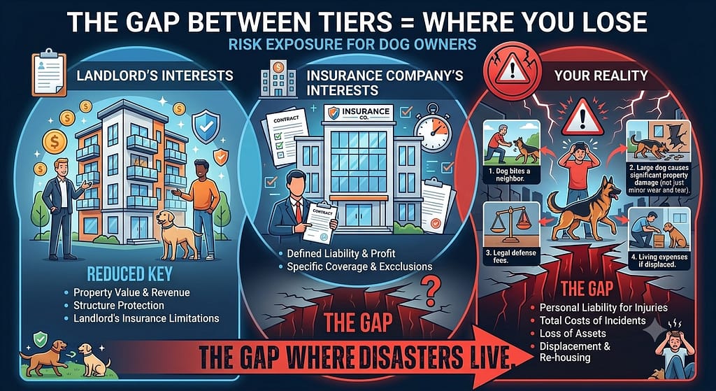 Gap diagram Three overlapping circles with gap in the middle labeled "Financial Risk." Text: "The gap between tiers = where you lose."