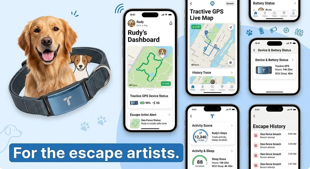 Product + app screenshot Tractive GPS device + live tracking map. Text: "For the escape artists."